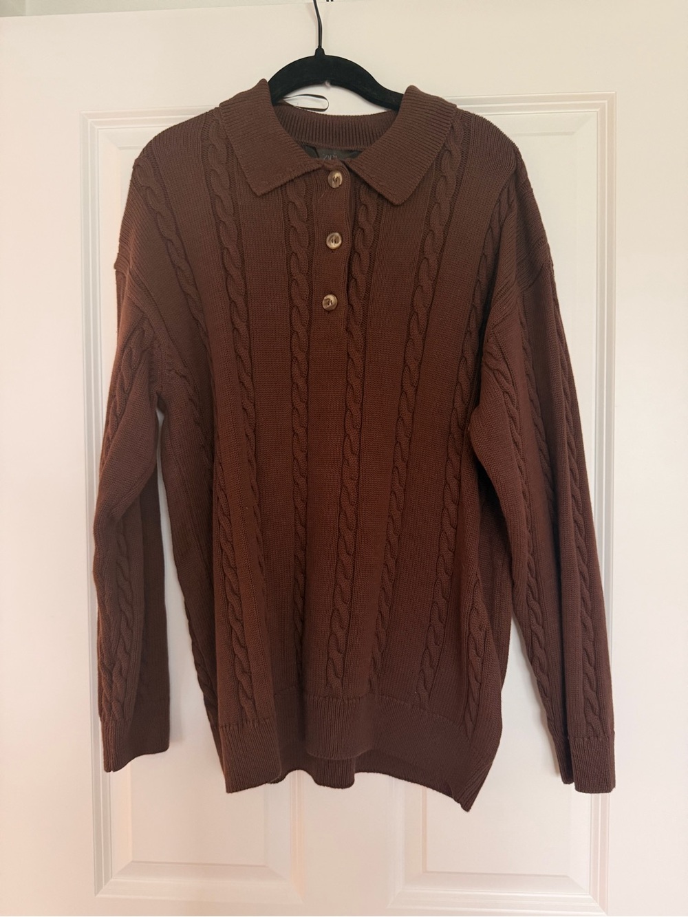 Zara Brown Cable-Knit Polo Cardigan Sweater